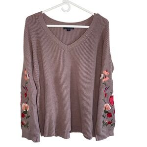 American Eagle Embroidered Sweater V-Neck Knit Pullover Long Sleeve Womens M‎